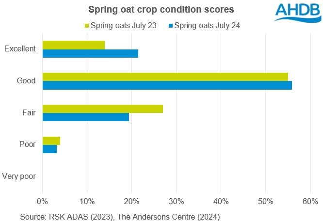 Chart of GB spring oat crop conditions scores at the start of July 2024